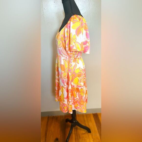 MittoShop Floral Smocked Dress Large Pink Yellow Boho Mini/Knee Length NWT - Picture 5 of 10